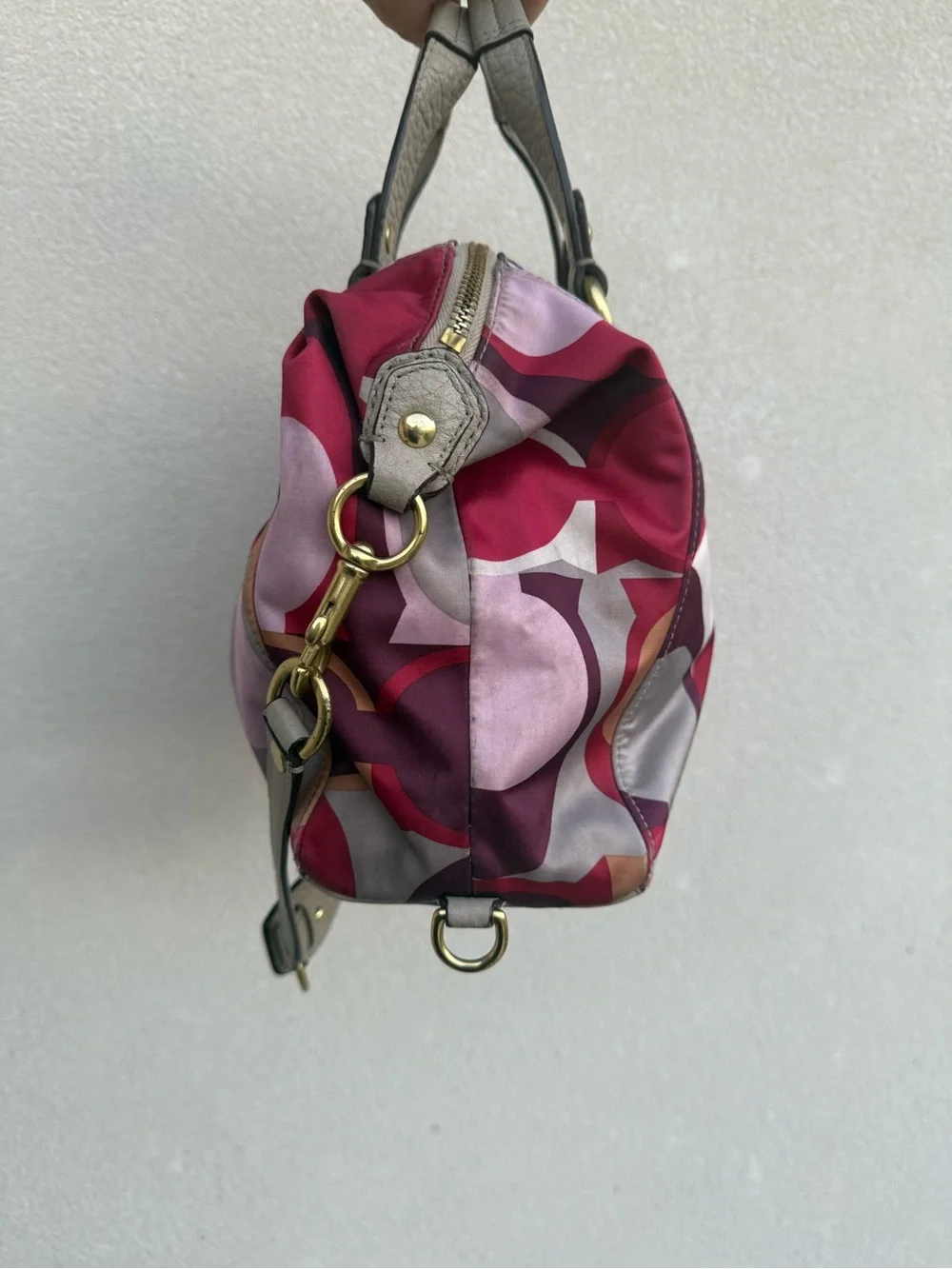 Coach Multicolor Circle Print Satchel in Taupe, Red & Pink
